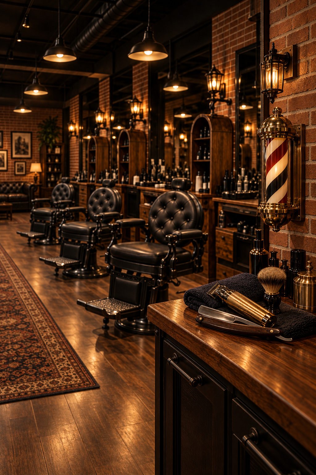 Wide view of E&J Cut's warm, amber-lit barbershop
